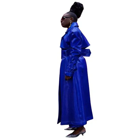 KAI Emani Faux Croc Leather Exaggerated Trench Coat - Sapphire Blue Medium - Picture 10 of 12